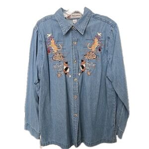 Vtg Passion Embroidered Cat Denim Shirt M Chambray Grannycore Teacher Kitten 80s